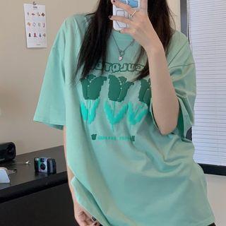 Elbow-sleeve Rose Print T-shirt Green - One Size