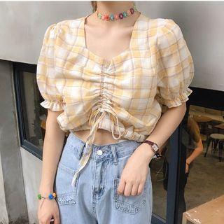 Ruched-front Check Cropped Blouse
