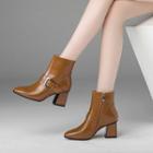 Genuine-leather Chunky Heel Belted Short Boots