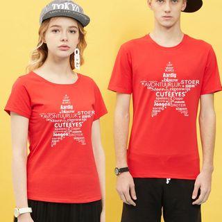Couple Short-sleeve Floral Print Lettering Crewneck Slim T-shirt