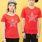 Couple Short-sleeve Floral Print Lettering Crewneck Slim T-shirt