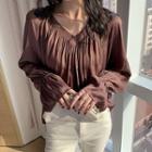 V-neck Flared-cuff Shirred Blouse