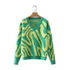 V-neck Two-tone Patterned Sweater Green & Yellow - S