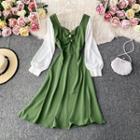 Retro Panel Long-sleeve Slim-cut A-line Dress