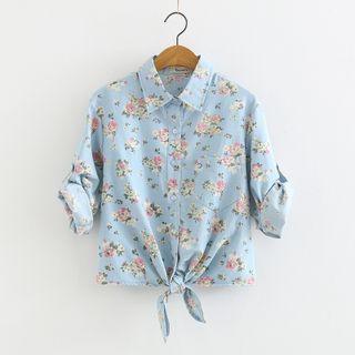 Short-sleeve Floral Print Tie-waist Shirt Light Blue - One Size