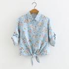 Short-sleeve Floral Print Tie-waist Shirt Light Blue - One Size