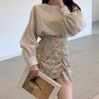 Long-sleeve Plain Blouse / Floral Print Mini Fitted Skirt