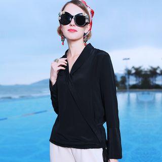 Long-sleeve Silk Wrap Blouse