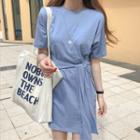 Tie-waist Short Sleeve Plain T-shirt Dress Blue - One Size