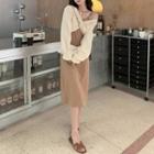 Plain Bodycon Suspender Skirt / Off-shoulder Long-sleeve Top
