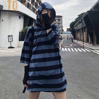 3/4-sleeve Wide-stripe Hooded Long Top
