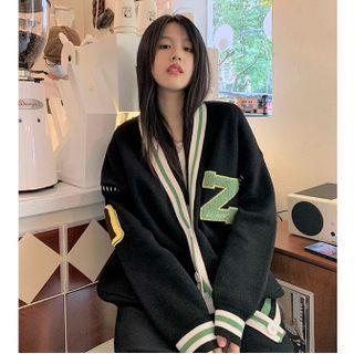 Lettering Loose-fit Cardigan Black - One Size