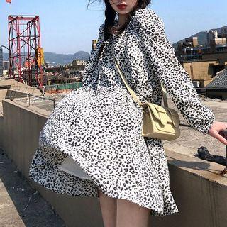 Long-sleeve Leopard Print Mini Smock Dress