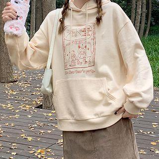 Cartoon Print Ear-accent Hood Oversize Pullover