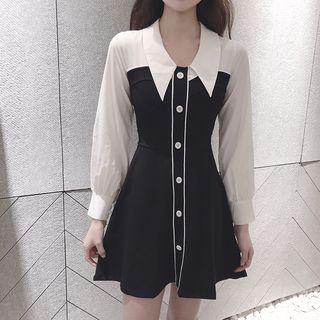 Long-sleeve Two-tone Mini Shirtdress