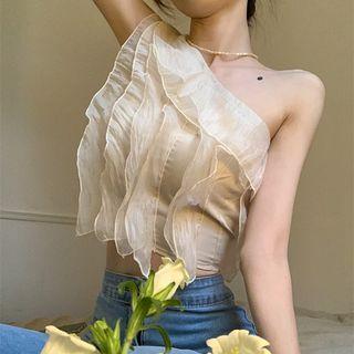 One-shoulder Ruffle Chiffon Tank Top Almond - One Size