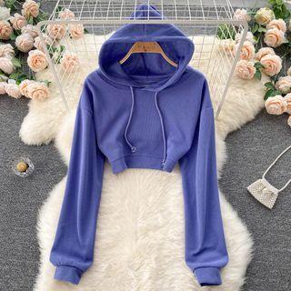 Plain Drawstring Hooded Long-sleeve Sweatshirt