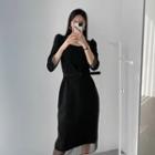 Square-neck Mesh-trim Long Dress With Belt Black - One Size