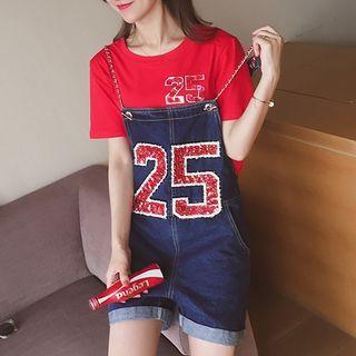 Set: Numbering Short-sleeve T-shirt + Denim Jumper Shorts