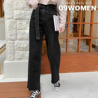 Belted Distressed Wide-leg Jeans