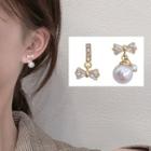 Non-matching Rhinestone Bow Faux Pearl Dangle Earring 1 Pair - Gold -