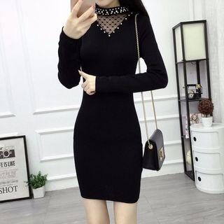 Long-sleeve Mesh Paneled Mini Sheath Dress