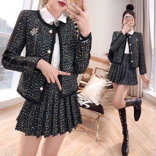 Set: Single-breasted Tweed Jacket + Pleated Mini A-line Skirt