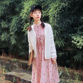 Frill Trim Bird Printed Striped Long-sleeve Dress