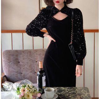 Long-sleeve Sequined Midi Sheath Qipao Dress