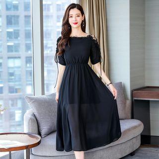 Lace-up Elbow-sleeve Midi A-line Dress