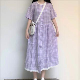 Short-sleeve Plaid Midi A-line Dress Purple - One Size