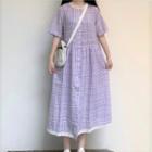 Short-sleeve Plaid Midi A-line Dress Purple - One Size