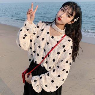 Long-sleeve Dotted Lace Top As Shown In Figure - One Size