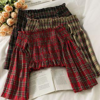 Boatneck Smocked Plaid Crop Top