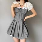 Puff-sleeve Lace Trim Pleated Mini A-line Dress