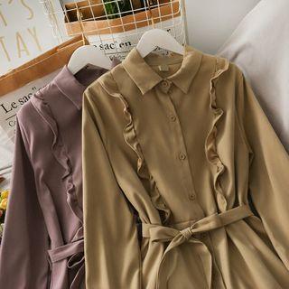 Ruffled-trim A-line Shirtdress With Sash In 6 Colors