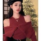 Long-sleeve Cold-shoulder Mock Two-piece Sweater Red - One Size