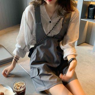 Contrast Trim Sleeveless Knit Top / Long-sleeve Striped Shirt / Wide-leg Dungaree Shorts
