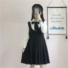 Bow Accent Blouse / Lace-up Pinafore Dress