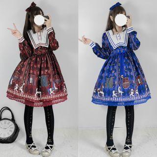 Long-sleeve Printed A-line Dress / Headband / Set