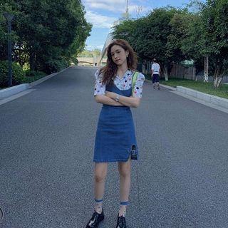 Round Dot Short-sleeve Blouse / Slim-fit Denim Jumper Dress