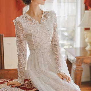 Set: Lace Long-sleeve Top + Midi A-line Mesh Skirt