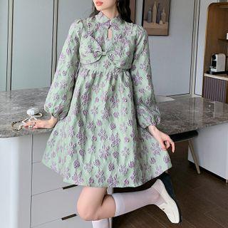 Long-sleeve Floral Qipao A-line Dress