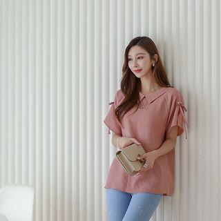 Beribboned Raglan-sleeve Slit-cuff Blouse