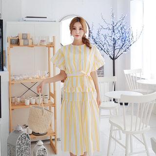 Frill-trim Stripe Dress With Sash