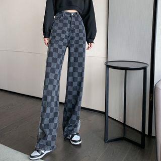 Fleece-lined Checkerboard Wide-leg Jeans