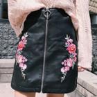 Flower Embroidered Faux Leather A-line Skirt