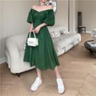 Ribbon Cutout-back Off-shoulder Midi Dress Green - One Size