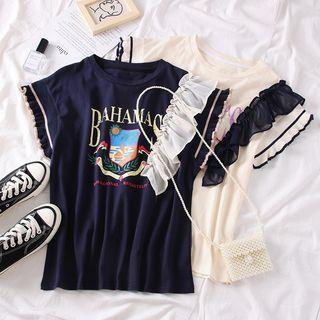 Ruffled-trim Printed Sleeveless T-shirt