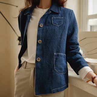 Patch-pocket Stitched Linen Shirt Jacket